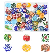 60Pcs 6 Style Handmade Millefiori Glass Beads, Heart & Round & Flower & Oval, Mixed Color, 8~15x8~13x3~10mm, Hole: 1~1.2mm, 10pcs/style(LAMP-FS0001-07)