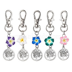 Handmade Polymer Clay Plumeria Pendant Decorations, Tree of Life Tibetan Style Alloy and Swivel Lobster Claw Clasps Charm, Mixed Color, 72mm, Pendants: 38.5x17mm(HJEW-JM01663)
