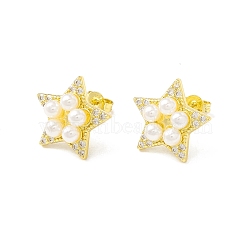 Cubic Zirconia Star Stud Earrings with Glass Pearl, Real 18K Gold Plated Brass Jewelry for Women, Lead Free & Cadmium Free, WhiteSmoke, 14.5x15.5mm, Pin: 0.8mm(EJEW-H086-07G)