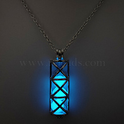 Alloy Column Cage Pendant Necklace with Luminous Beads, Glow In The Dark Jewelry for Women Men, Deep Sky Blue, 23.62 inch(60cm)(LUMI-PW0003-07A)