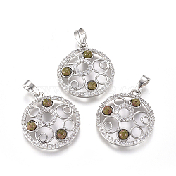 Natural Unakite Round Pendants, with Platinum Tone Brass Findings and Crystal Rhinestone, Flat Round, 29x25.5x4.5mm, Hole: 4.5x8mm(G-L512-T21)