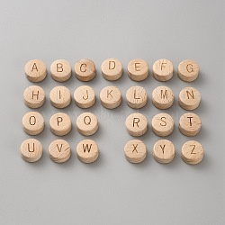 Wood Beads, Flat Round & Letter, Letter A~Z, 15x8mm, Hole: 3mm, 26pcs/set(WOOD-WH0062-17)