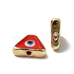 Brass Enamel Beads, Long-Lasting Plated, Real 18K Gold Plated, Triangle with Evil Eye Pattern, Red, 10~11.5x13~13.5x4~5mm, Hole: 1.6~1.8mm(KK-F842-03C)