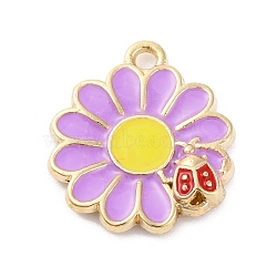 Alloy Enamel Pendants, Golden, Daisy with Ladybird Charm, Violet, 18.5x16x3mm, Hole: 1.6mm, 10pcs/set(ENAM-Q001-06G-05)