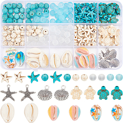 DIY Jewelry Making Finding Kit, Including Dyed Synthetic Magnesite & Turquoise & Howlite & Glass & Natural Shell Beads, Alloy Pendants, Turtle & Starfish & Round, Mixed Color, 210Pcs/box(DIY-SC0023-86)