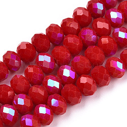 Electroplate Opaque Solid Color Glass Beads Strands, Half Rainbow Plated, Faceted, Rondelle, FireBrick, 4x3mm, Hole: 0.4mm, about 123~127pcs/strand, 16.5~16.9 inch(42~43cm)(EGLA-A034-P4mm-L21)