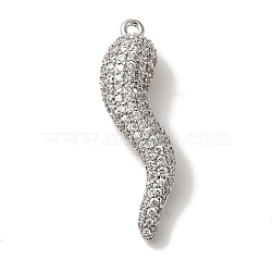 Rack Plating Brass Micro Pave Cubic Zirconia Pendant, Cadmium Free & Lead Free, Long-Lasting Plated, Horn of Plenty/Italian Horn Cornicello Charms, Platinum, 30.5x12x7mm, Hole: 1.2mm(KK-A229-03G-P)