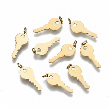 304 Stainless Steel Charms, Laser Cut, with Jump Rings, Key, Real 14K Gold Plated, 15x6x0.7mm, Jump Ring: 3x0.4mm, 2.2mm inner diameter