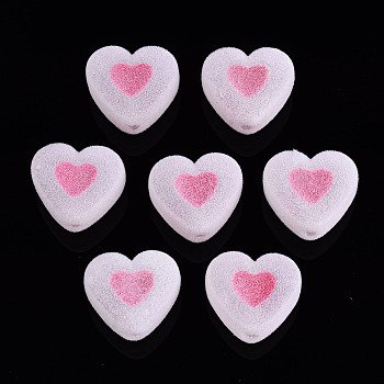 Flocky Acrylic Beads, Bead in Bead, Heart, Hot Pink, 16x18x11mm, Hole: 2mm