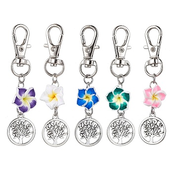 Handmade Polymer Clay Plumeria Pendant Decorations, Tree of Life Tibetan Style Alloy and Swivel Lobster Claw Clasps Charm, Mixed Color, 72mm, Pendants: 38.5x17mm