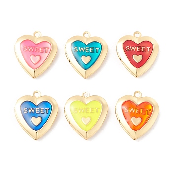 Rack Plating Brass Enamel Locket Pendants, Long-Lasting Plated, Real 18K Gold Plated, Cadmium Free & Nickel Free & Lead Free, Heart, Mixed Color, 22.5x19x5.5mm, Hole: 1.8mm