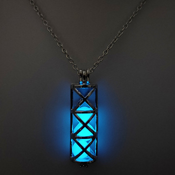 Alloy Column Cage Pendant Necklace with Luminous Beads, Glow In The Dark Jewelry for Women Men, Deep Sky Blue, 23.62 inch(60cm)