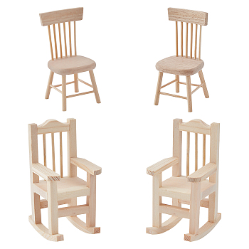 PandaHall Elite 4Pcs 2 Style Natural Pine Wood Home Decorations, Chair, BurlyWood, 35~70x40~58x82~108mm, 2pcs/style