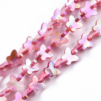 Natural Freshwater Shell Beads Strands, AB Color Plated, Dyed, Butterfly, Hot Pink, 10~11x12.5~13.5x3mm, Hole: 0.7mm, about 38~39pcs/strand, 12.80 inch~12.99 inch(32.5~33cm)