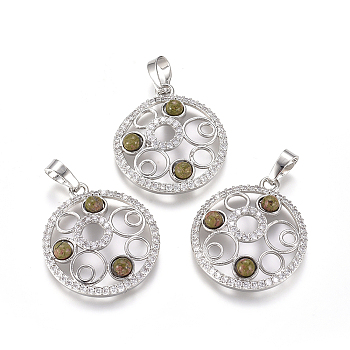 Natural Unakite Round Pendants, with Platinum Tone Brass Findings and Crystal Rhinestone, Flat Round, 29x25.5x4.5mm, Hole: 4.5x8mm