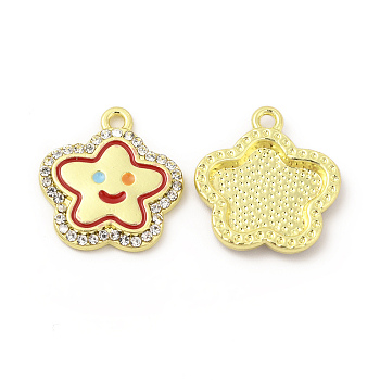 Rack Plating Alloy Crystal Rhinestone Pendants, with Red Enamel, Star with Smiling Face Charms, Cadmium Free & Nickel Free & Lead Free, Light Gold, 17.6x17x2.5mm, Hole: 1.6mm