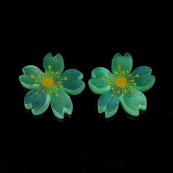 Luminous Resin Cabochons, 5-Petal Flower/Sakura, Pale Turquoise, 26x5mm