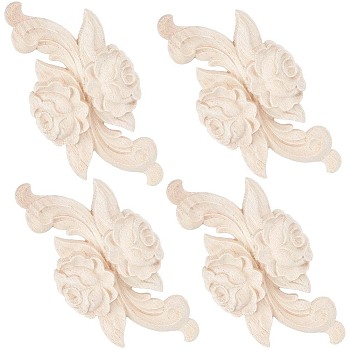 Wood Carved Appliques, Wooden Onlays, for Bed Door Cabinet Wardrobe Furniture Decoration, Flower Pattern, Lemon Chiffon, 100x50x11.5mm