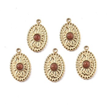Synthetic Goldstone Pendants, Oval Charms, with Vacuum Plating Real 18K Gold Plated 201 Stainless Steel Findings, 16.5x10x3mm, Hole: 1.2mm