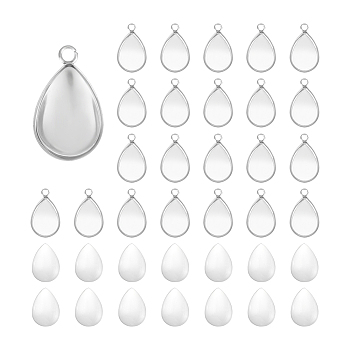 DIY Blank Teardrop 304 Stainless Steel Pendant Making Kits, Stainless Steel Color, Tray: 14x10mm, 17.5x10.5x1.5mm, Hole: 1.6mm
