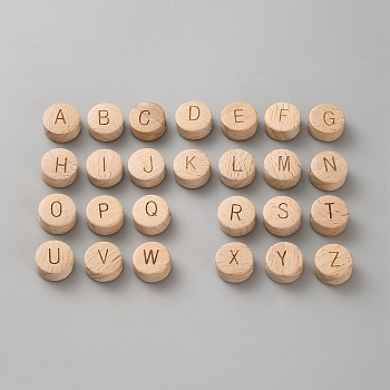 Wood Beads, Flat Round & Letter, Letter A~Z, 15x8mm, Hole: 3mm, 26pcs/set