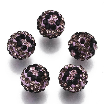 Polymer Clay Rhinestone Beads, Pave Disco Ball Beads, Round, Light Amethyst, PP13(1.9~2mm), 6 Rows Rhinestone, 10mm, Hole: 1.5mm