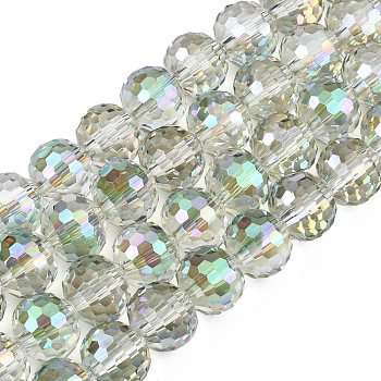 Electroplate Transparent Glass Beads Strands, Faceted, Round, Light Green, 10x9mm, Hole: 1.5mm, about 72pcs/strand, 25.98 inch(66cm)