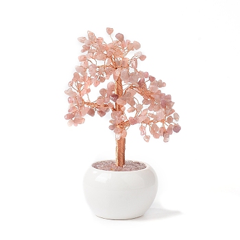 Natural Rose Quartz Chips with Brass Wrapped Wire Money Tree on Ceramic Vase Display Decorations, for Home Office Decor Good Luck, 120x50.5x190mm