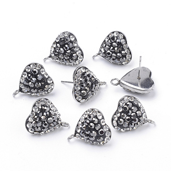 Polymer Clay Rhinestone Stud Earring Findings, with Loop, Stainless Steel Findings, Heart, Stainless Steel Color, Jet, 16.5x14mm, Hole: 2mm, Pin: 0.6mm
