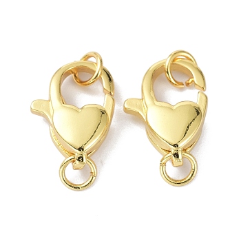 Eco-Friendly Brass Lobster Claw Clasps, with Jump Ring, Heart, Real 18K Gold Plated, 16x11.5x5.4mm