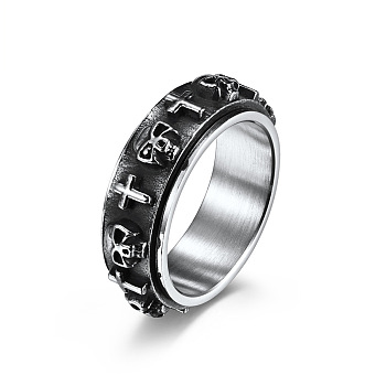 Titanium Steel Skull & Cross Rotatable Finger Ring, Spinner Fidget Band Anxiety Stress Relief Punk Ring for Men Women, Stainless Steel Color, US Size 9(18.9mm)