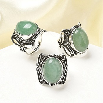 Natural Green Aventurine Adjustable Rings, Lead Free & Cadmium Free, Antique Silver Plated Brass Finger Rings for Women, Oval, 20.5mm, Inner Diameter: 17mm