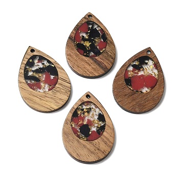 Wood & Resin Pendant, with Gold Foil, Teardrop Charms, Brown, 38x25.5x3mm, Hole: 2mm