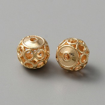 Brass Beads, Hollow, Round, Golden, 8x7.5mm, Hole: 1.6mm