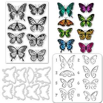 1Pc Carbon Steel Cutting Dies Stencils, with 1 Sheet PVC Plastic Stamps and 1 Set PET Hollow Out Drawing Painting Stencils, for DIY Scrapbooking, Craft, Butterfly Pattern, Cutting Dies: 108x154x0.8mm, Stamp: 160x110x3mm