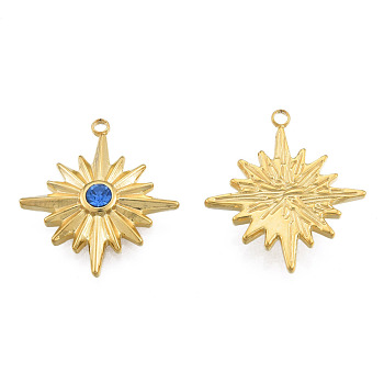 304 Stainless Steel Pendants, with Sapphire Rhinestone, Star, Real 18K Gold Plated, 21.5x19x3.5mm, Hole: 1.4mm