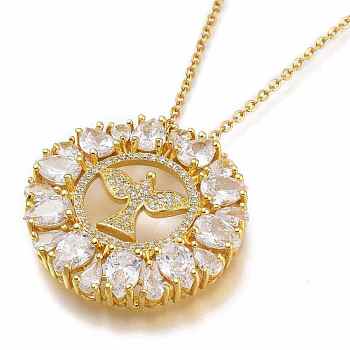 Brass Micro Pave Clear Cubic Zirconia Flat Round with Bird Pendant Necklaces, with 304 Stainless Steel Cable Chains, Golden, 15.94 inch(40.5cm)