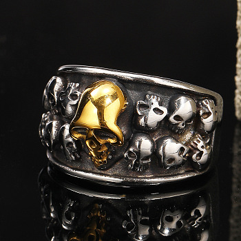 Titanium Steel Finger Rings, Skull, Antique Silver & Antique Golden, US Size 9(18.9mm)