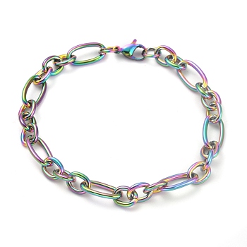 Ion Plating(IP) 304 Stainless Steel Figaro Chain Bracelets, with Lobster Claw Clasps, Rainbow Color, 8 inch(20.2cm)