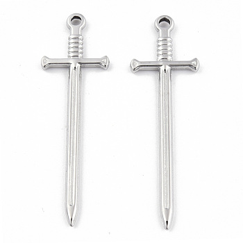 304 Stainless Steel Pendants, Sword Charm, Stainless Steel Color, 45x13.5x2mm, Hole: 1.8mm