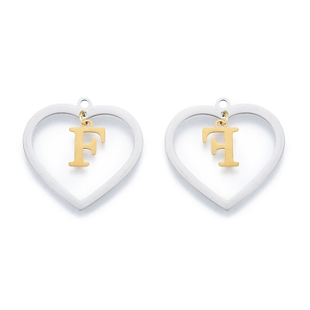 201 Stainless Steel Pendants, Hollow, Heart with Letter A~Z, Real Gold Plated & Stainless Steel Color, Letter.F, 29x29.5x1mm, Hole: 2mm, A~Z: 12x8~10.5x1mm