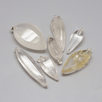 Natural Quartz Crystal Pendants, Rock Crystal Pendants, with Iron Clasps, Cone Pendulum, 38~70x14~32x12~24mm, Hole: 4mm