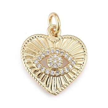 Brass Micro Pave Cubic Zirconia Pendants, with Jump Ring, Heart with Eye, Golden, Clear, 16x16.5x3.5mm, Hole: 3mm