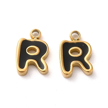 304 Stainless Steel Enamel Charms, Real 14K Gold Plated, Letter, Letter R, 8x5.5x1.3mm, Hole: 1.2mm