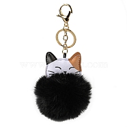 Imitation Rex Rabbit Fur Ball & PU Leather Cat Pendant Keychain, with Alloy Clasp, for Bag Car Pendant Decoration, Black, 16cm(X1-KEYC-K018-05KCG-04)