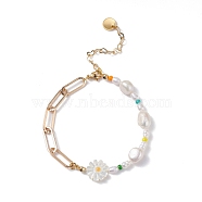 Sunflower Natural Shell Beads Bracelet, Natural Pearl Beads Link Bracelet for Girl Women, Paperclip Chain Bracelet, Light Gold, 7-1/4 inch(18.5cm)(BJEW-TA00027)