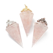 Resin Pointed Pendants, with Natural Rose Quartz Inside and Brass Findings, Faceted, Cone/Spike/Pendulum, 43.5x17x19.5mm, Jump Ring: 6x1mm, 4mm Inner Diameter(G-L571-01E)
