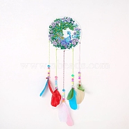 DIY Diamond Painting Hanging Woven Net/Web with Feather Pendant Kits, Including Acrylic Plate, Pen, Tray, Bells and Random Color Feather, Wind Chime Crafts for Home Decor, Peacock Pattern, 400x146mm(DIY-I084-17)