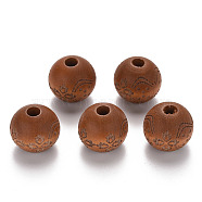 Painted Natural Wood Beads, Laser Engraved Pattern, Round with Flower Pattern, Peru, 16x15mm, Hole: 4mm(X-WOOD-N006-03B-02)