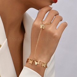 Iron Butterfly Ring Bracelet, Charm Bracelet with Curb Chains Finger Ring, Golden, 7-3/8 inch(18.7cm), Inner Diameter: 26mm(BJEW-C054-03G)